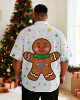 Big & Tall Men's Christmas Polka Dot Gingerbread Man Cartoon Print Short Sleeve Shirt